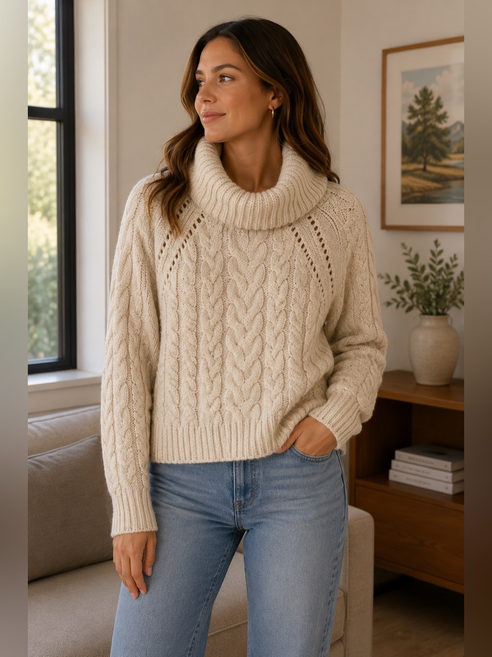 Volcom Cable Knit Cowl Neck Sweater - Cream Size M Cozy Fall Winter Chunky